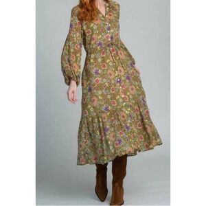 Olivia James The Label Green Floral Midi Dress Long Sleeve Tie Waist XS
